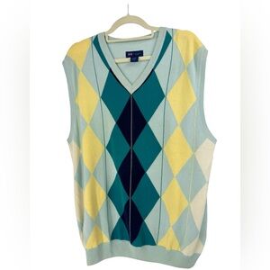 T. Harris London 90s Argyle Sweater Vest XL Blue Yellow Diamond Knit Preppy